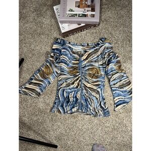 Vtg Y2K Abstract Swirl Mesh Top O-Ring Ruched Drawstring Flare Sleeve S|M